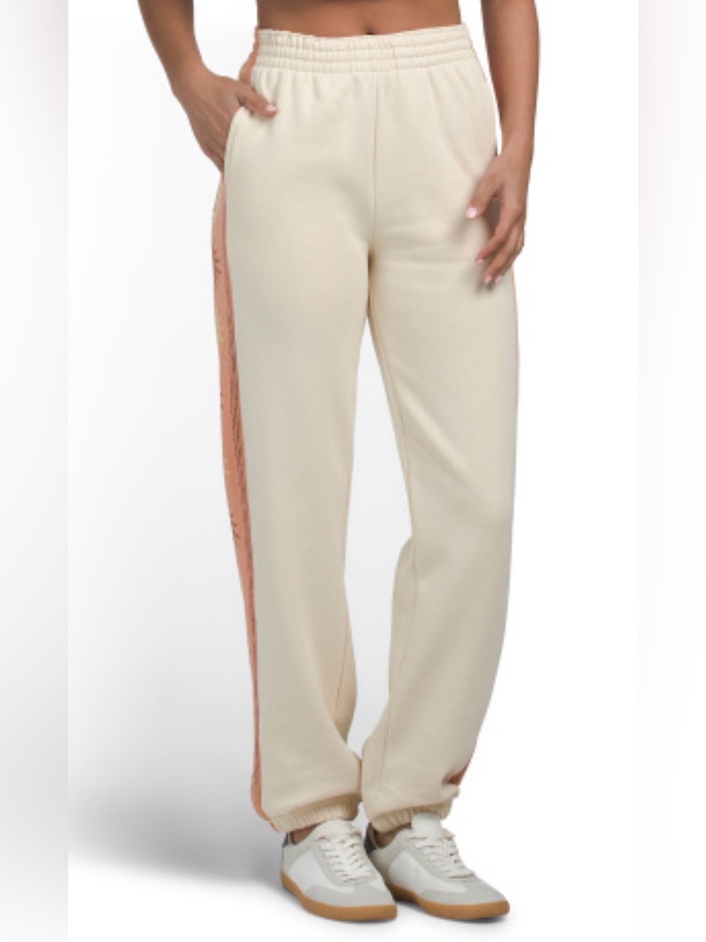 Billabong Cream Wide-Leg Track Pants with Pink Side Stripe